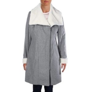 Dkny Wool-Blend Faux Fur Trim Collar Coat